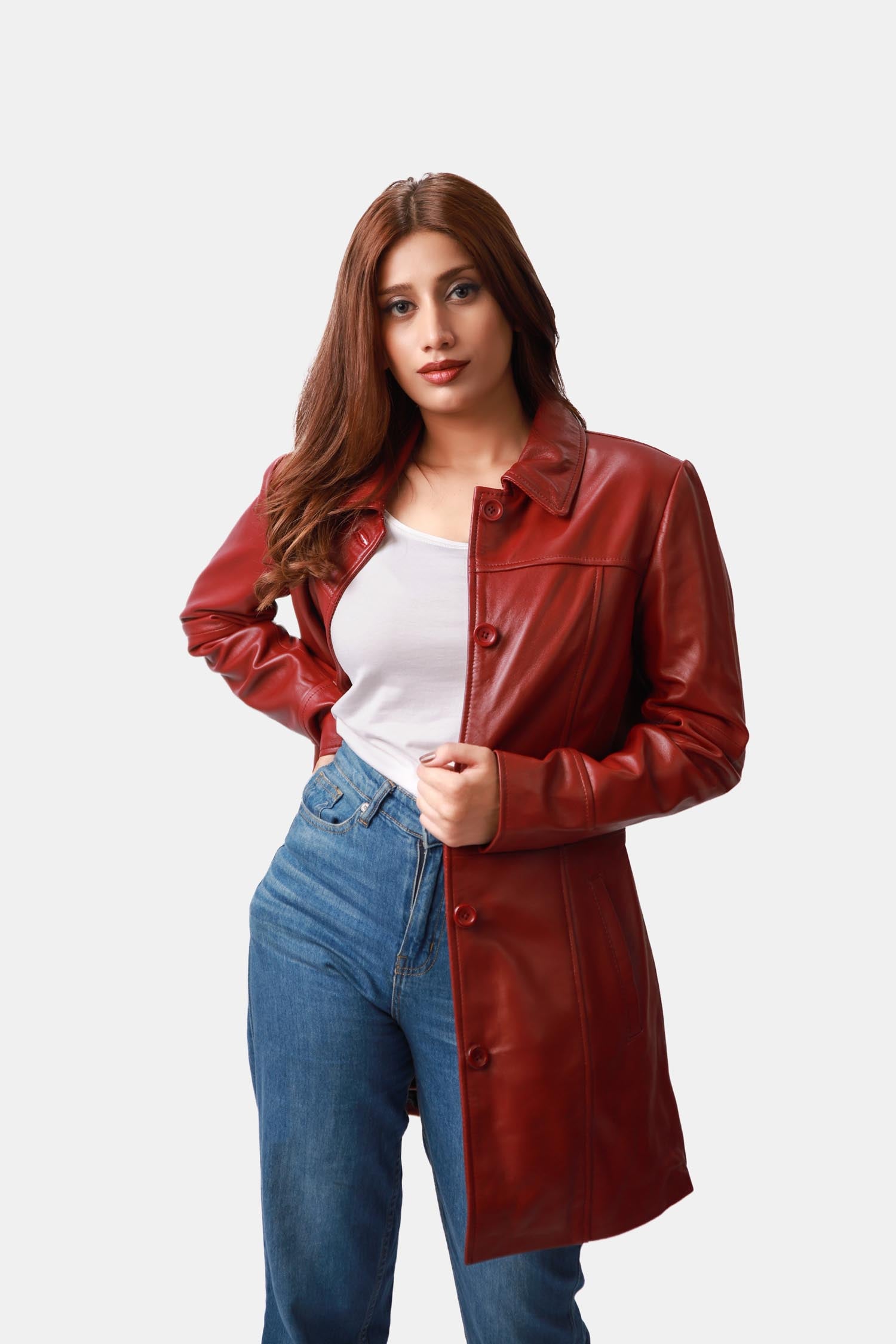 Swifty Brick Red Leather Car Coat For Women