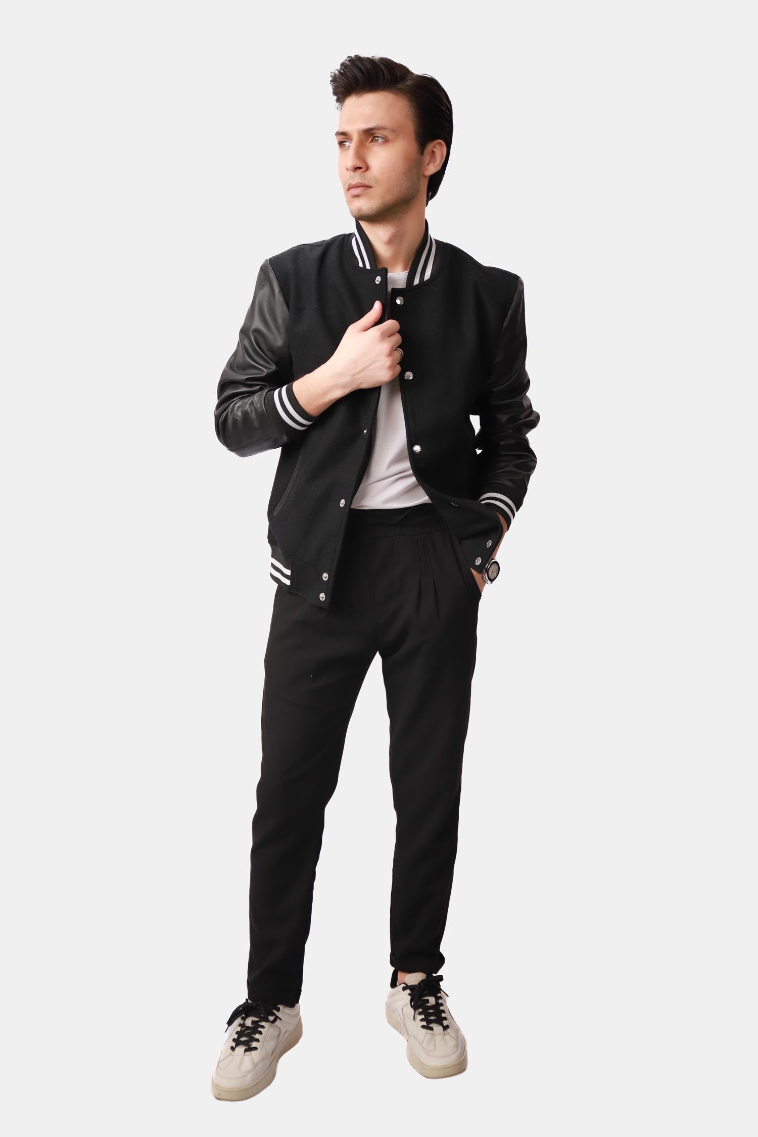 The Titan Black Varsity Wool Leather Jacket For Men