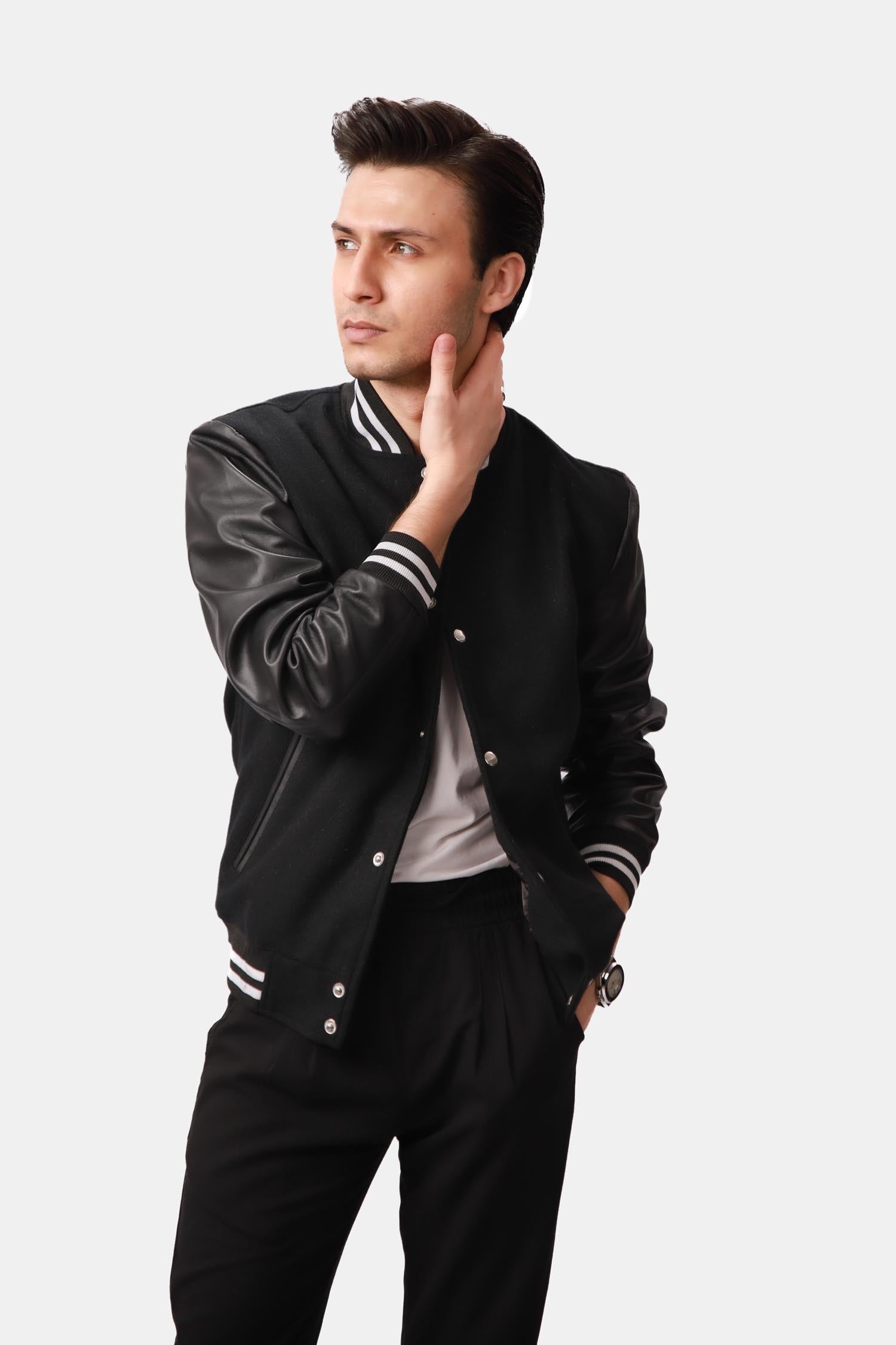 Black Varsity Wool Leather Jacket