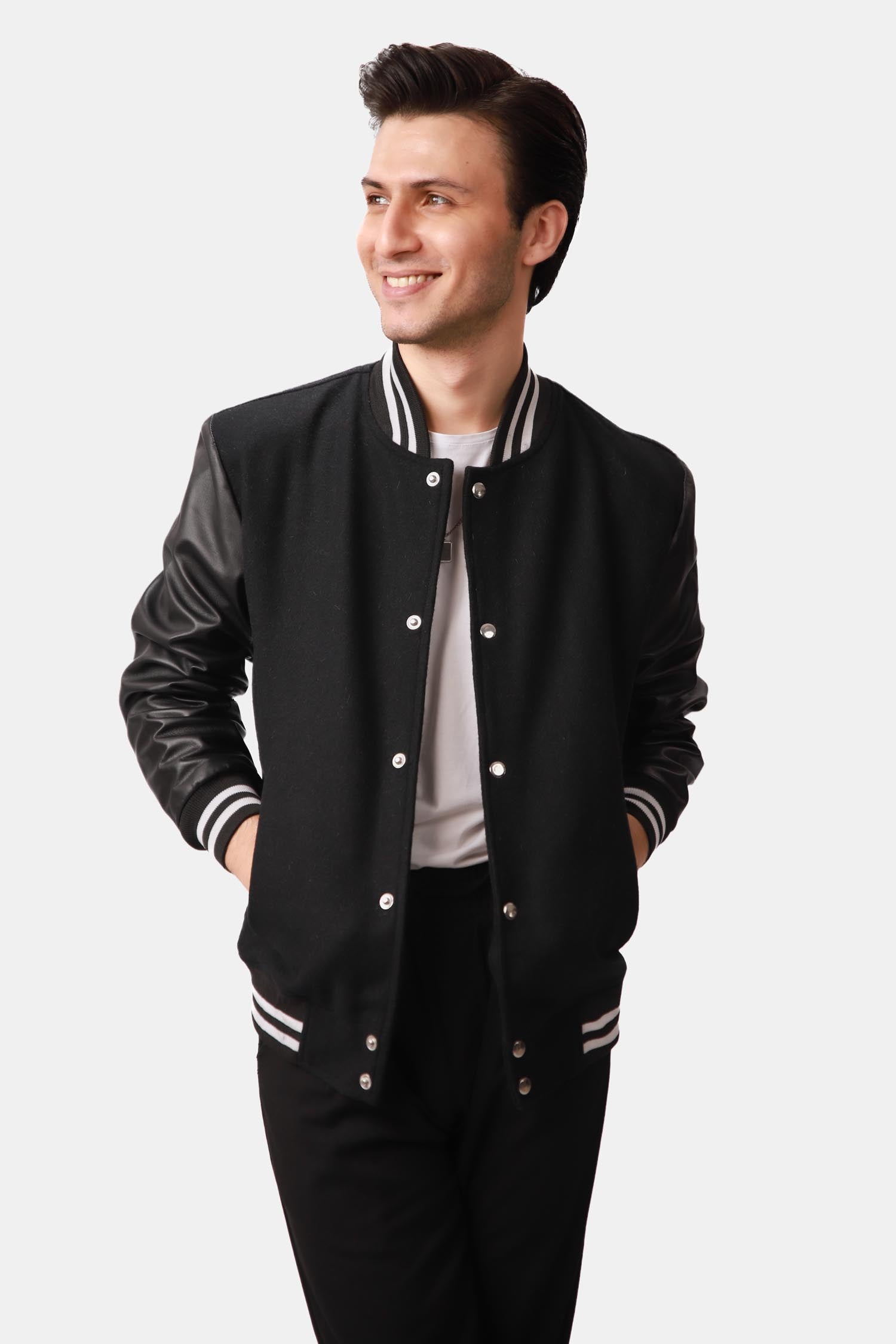 The Titan Black Varsity Wool Leather Jacket For Men