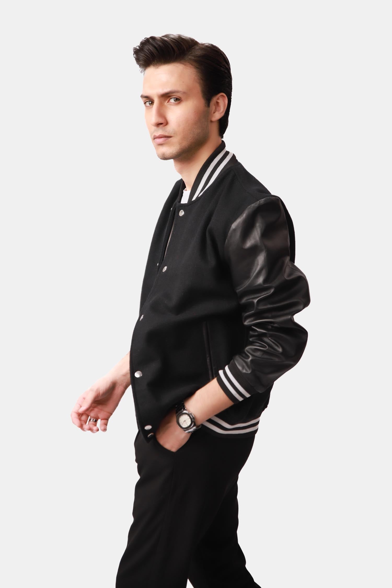 Black Varsity Wool Leather Jacket