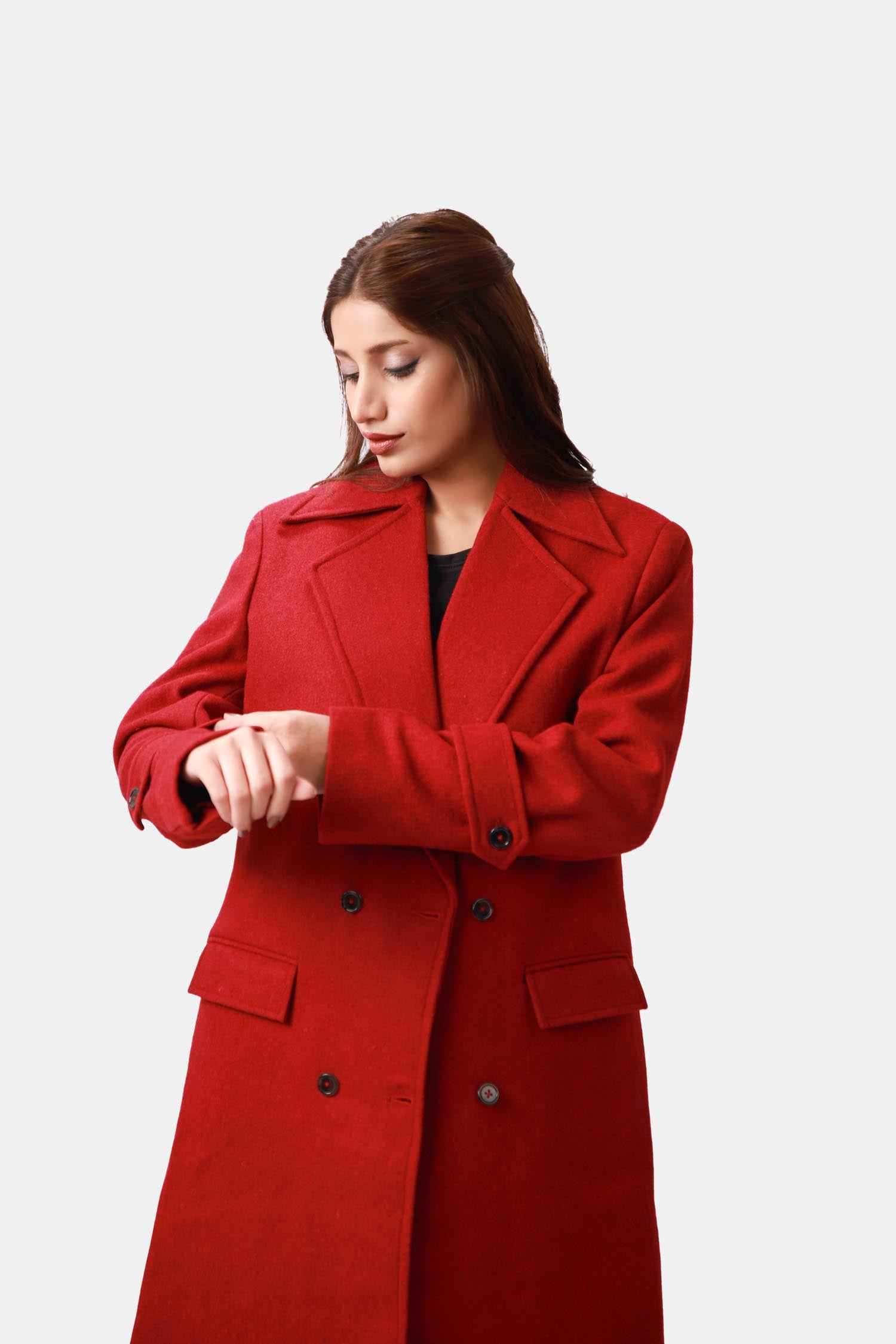Vogue Red Double-breasted Longline Coat For Women