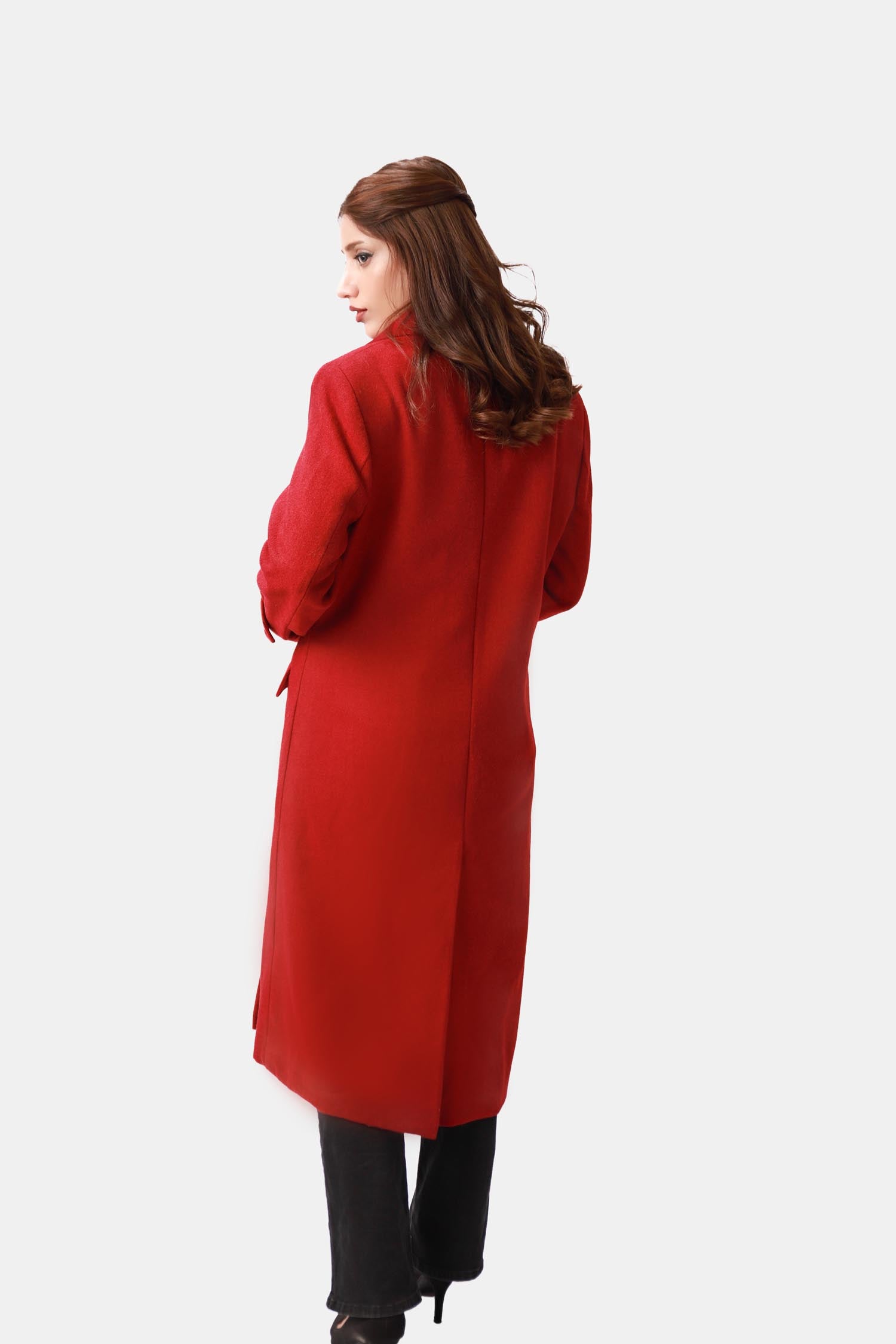 Vogue Red Double-breasted Longline Coat For Women