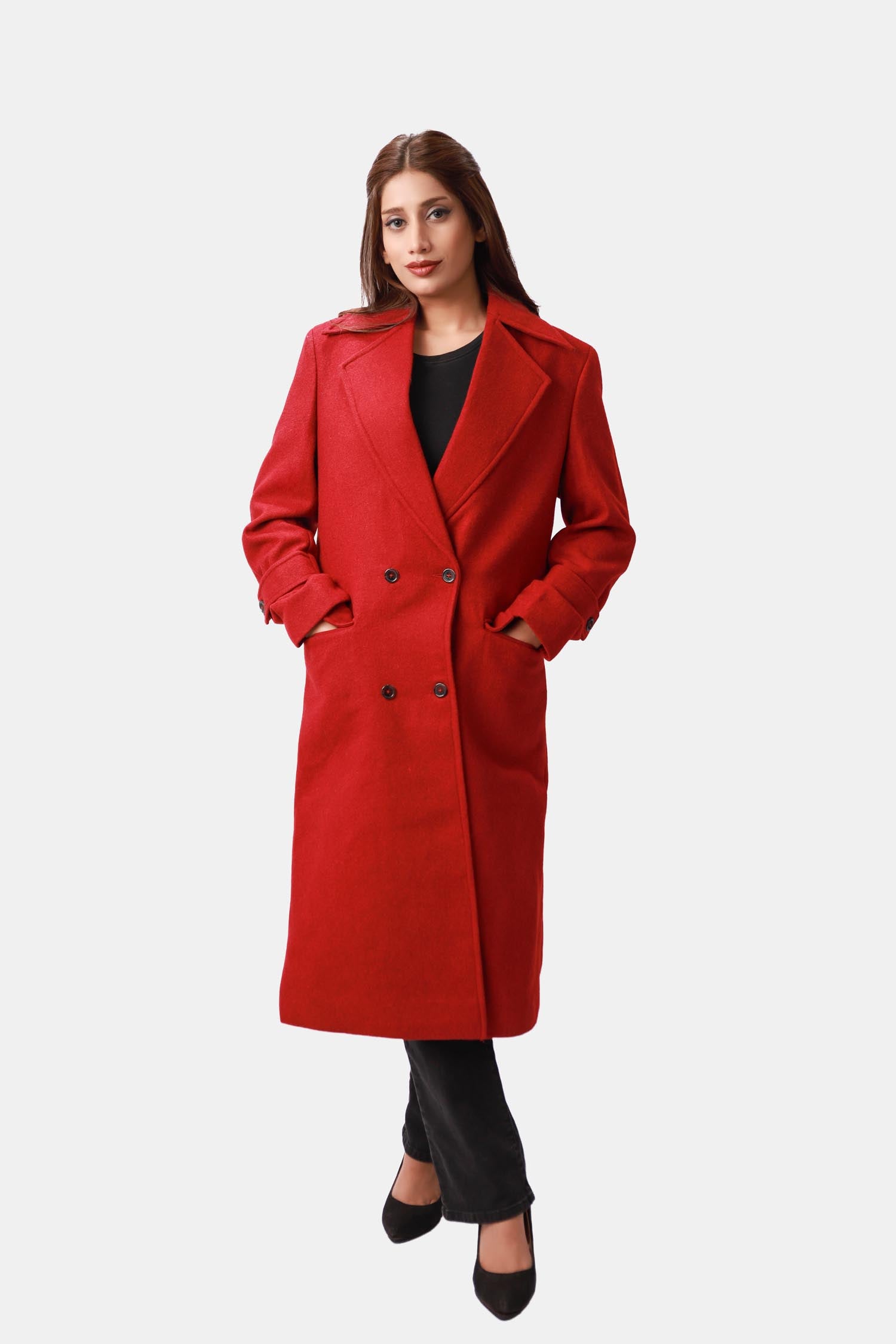 Vogue Red Double-breasted Longline Coat For Women