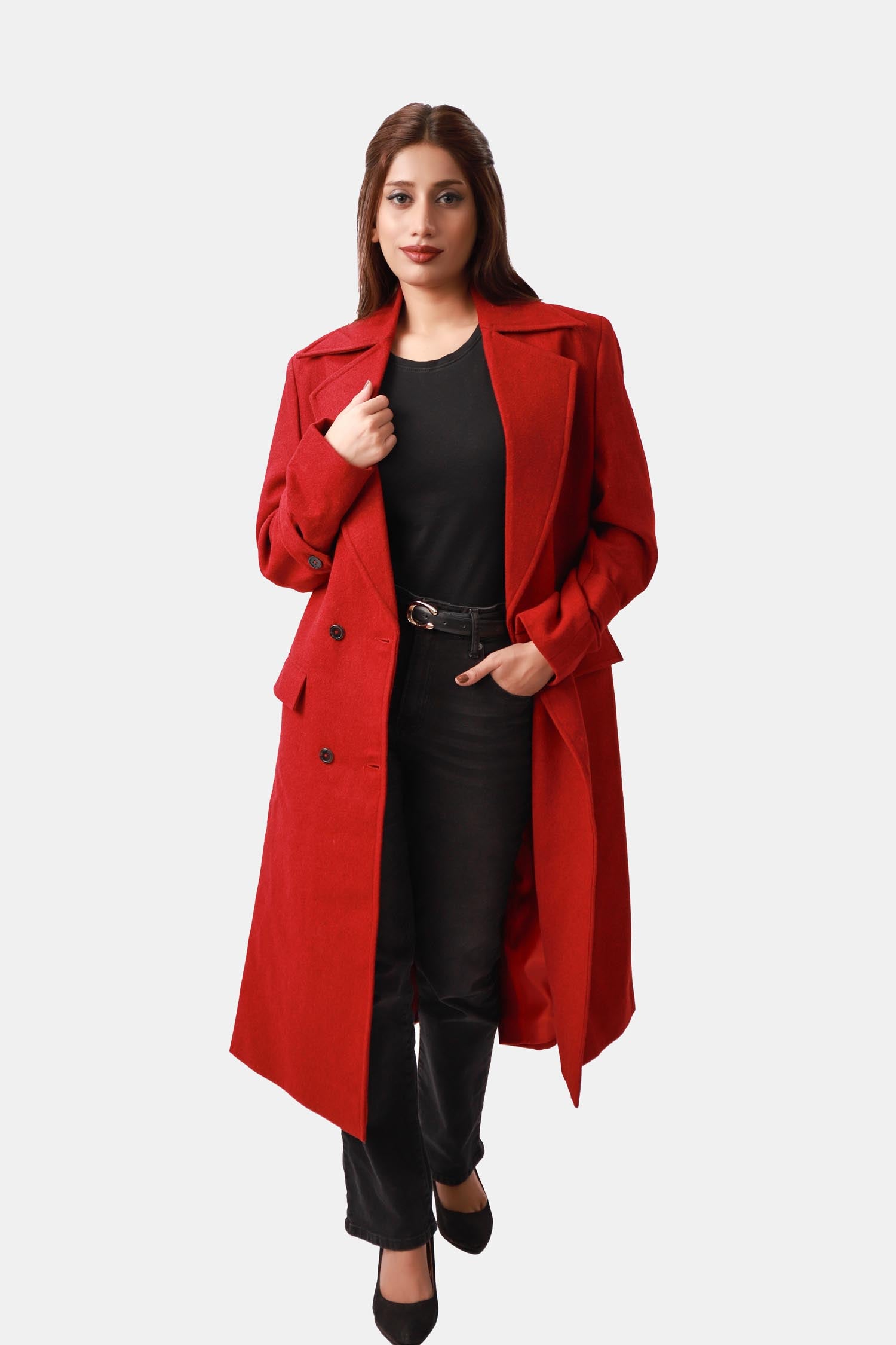 Vogue Red Double-breasted Longline Coat For Women
