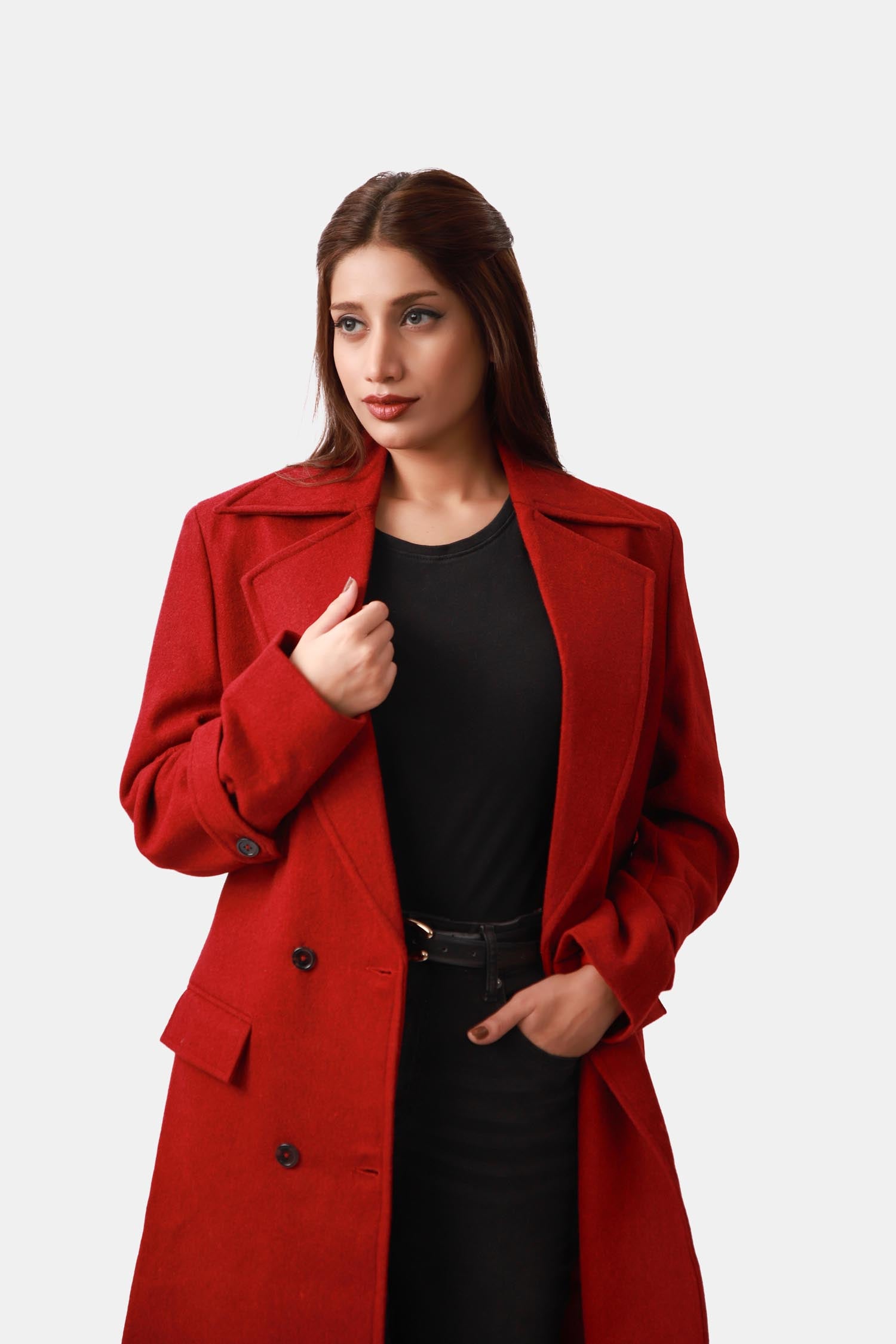 Vogue Red Double-breasted Longline Coat For Women