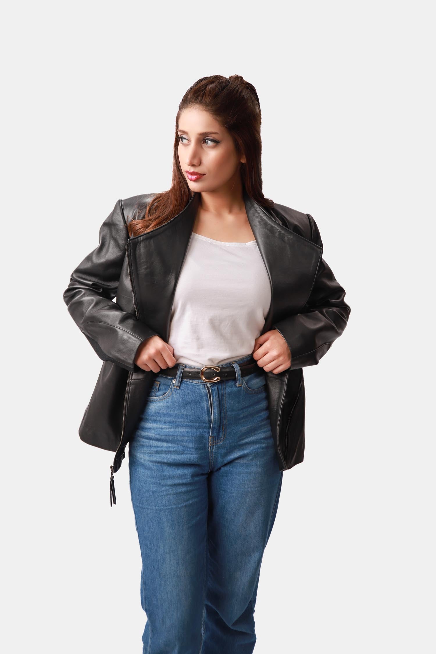 Winx Black Wool Leather Biker Jacket For Women