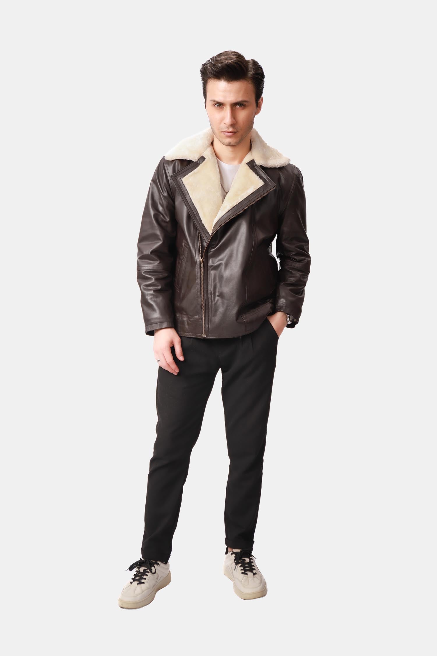 Wolfshade Black Fur Leather Biker Jacket For Men