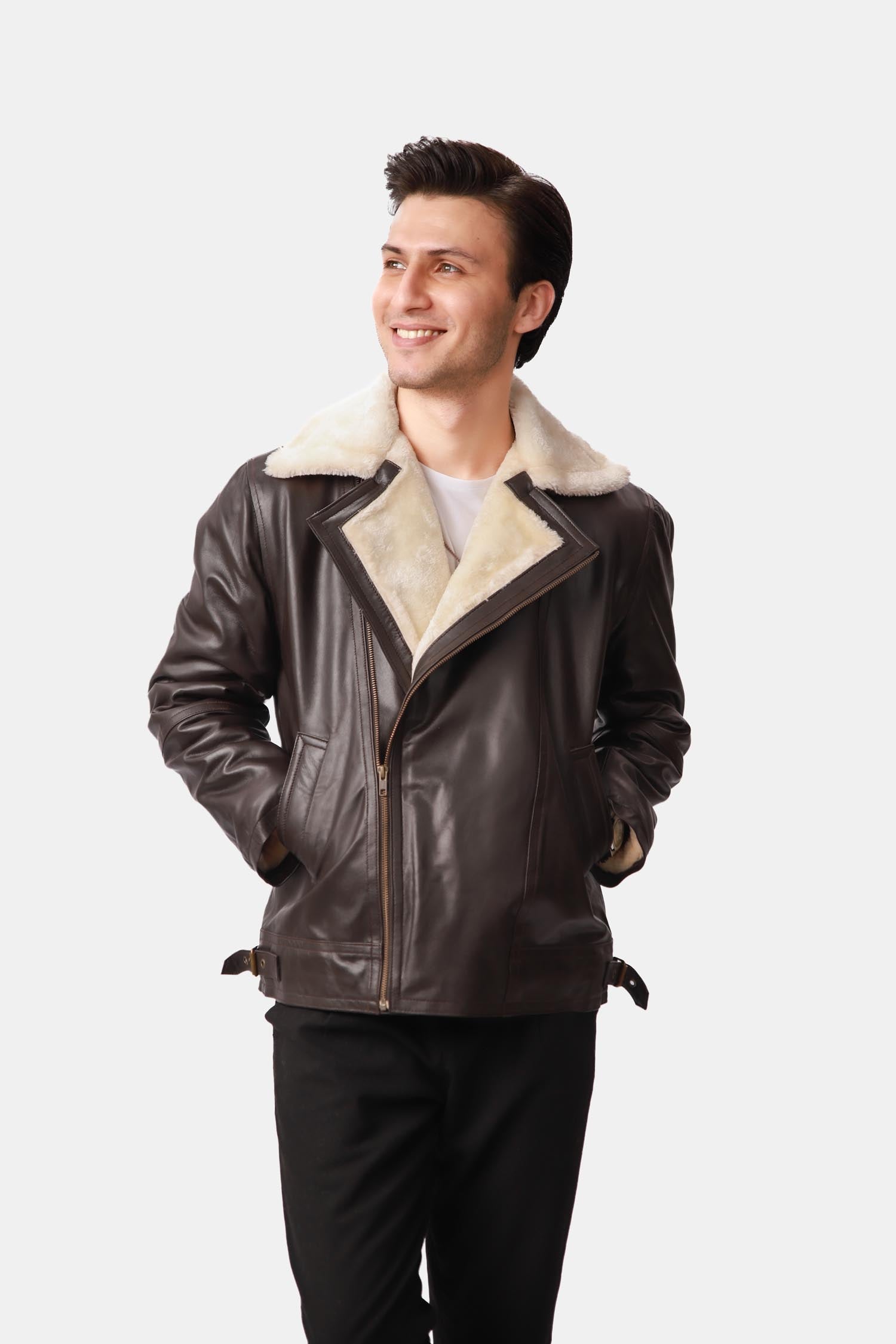 Wolfshade Black Fur Leather Biker Jacket For Men