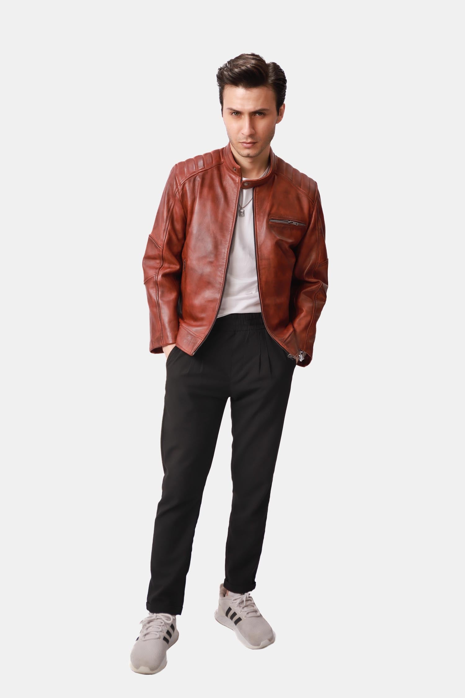 Zippy Cognac Brown Leather Cafe Racer Jacket For Men