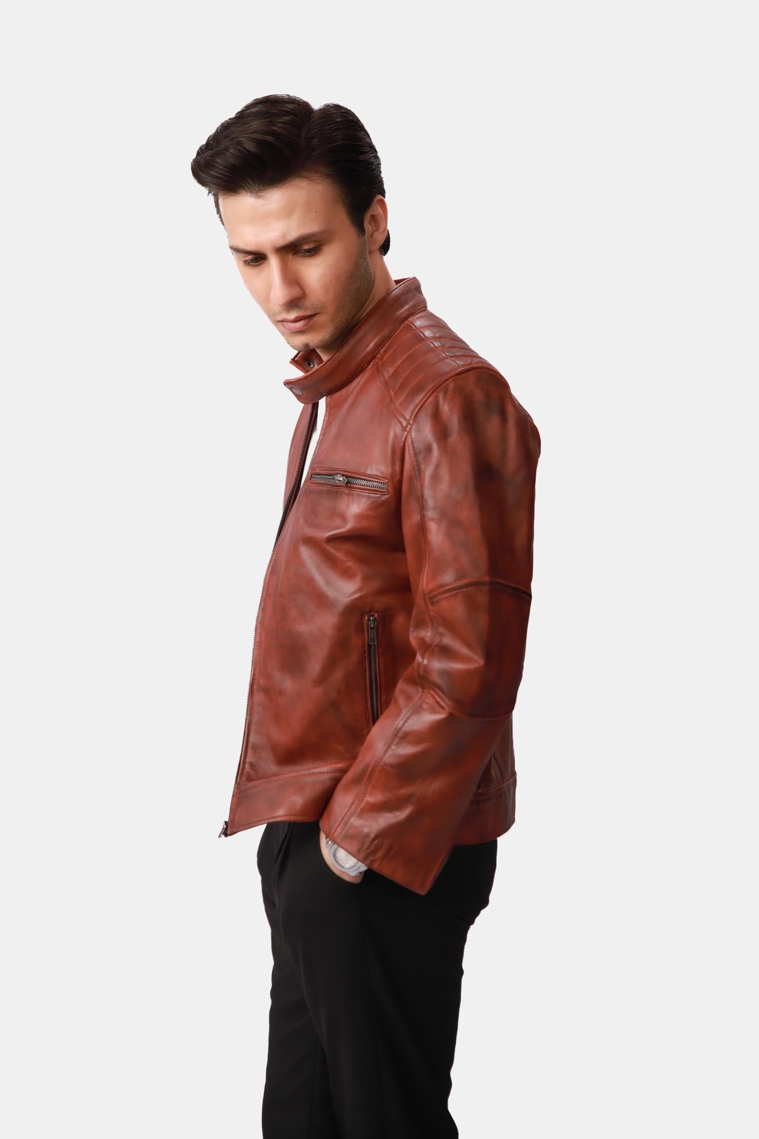 Brown Leather Cafe Racer Jacket