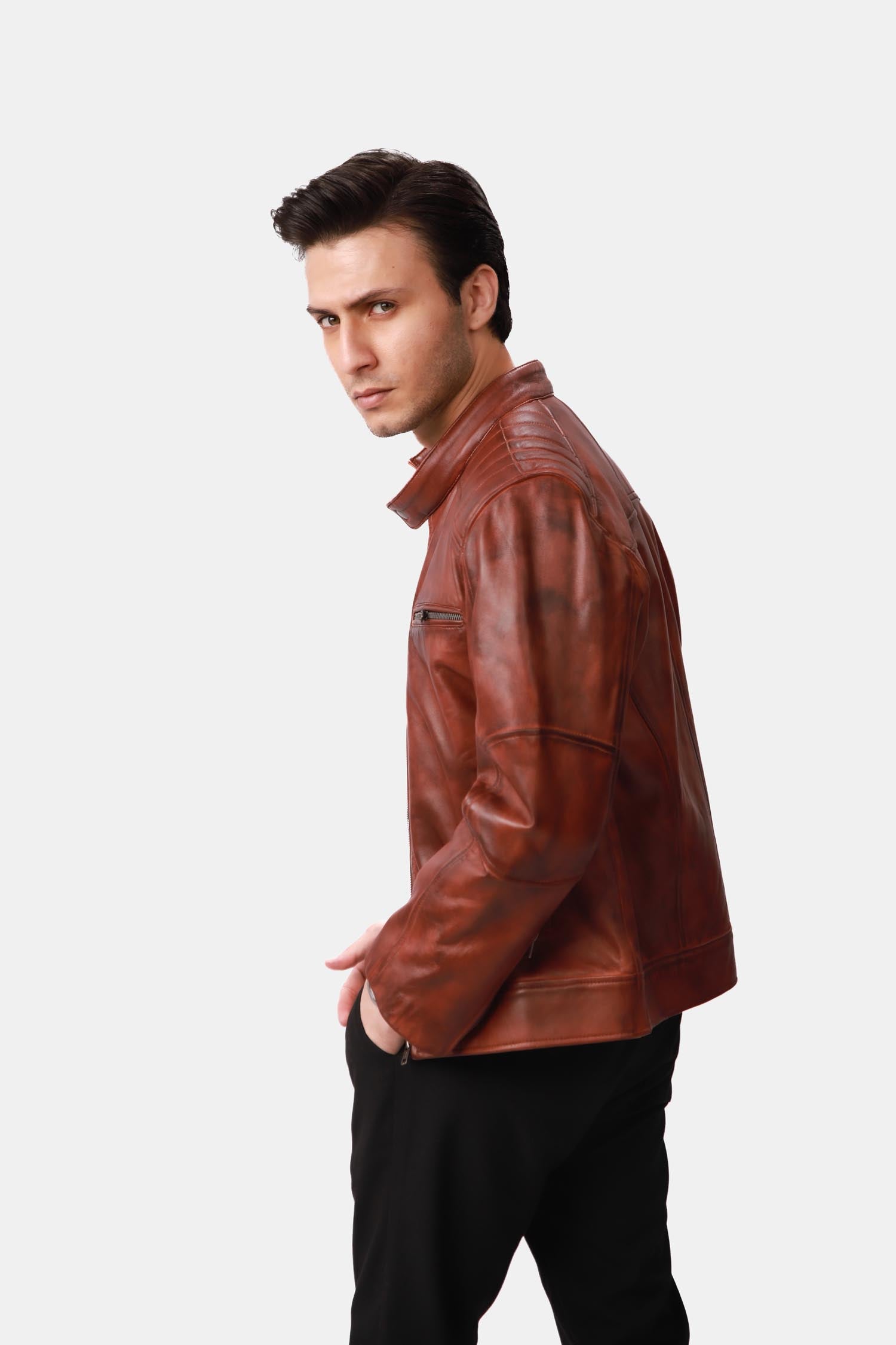 Brown Leather Cafe Racer Jacket