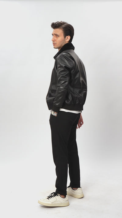 Flight Bomber Black Leather Jacket