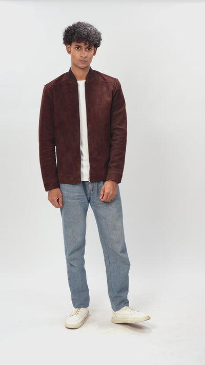Brown Suede Leather Bomber Jacket