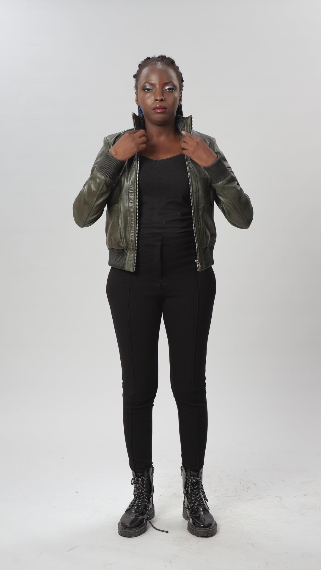 Dark Green Leather Bomber Jacket