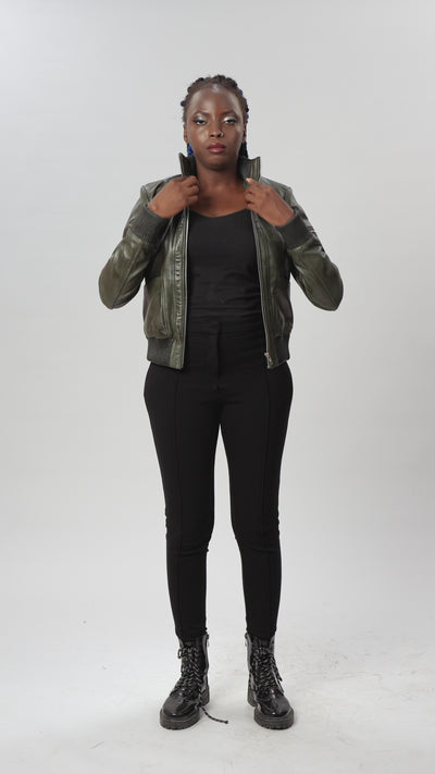 Dark Green Leather Bomber Jacket