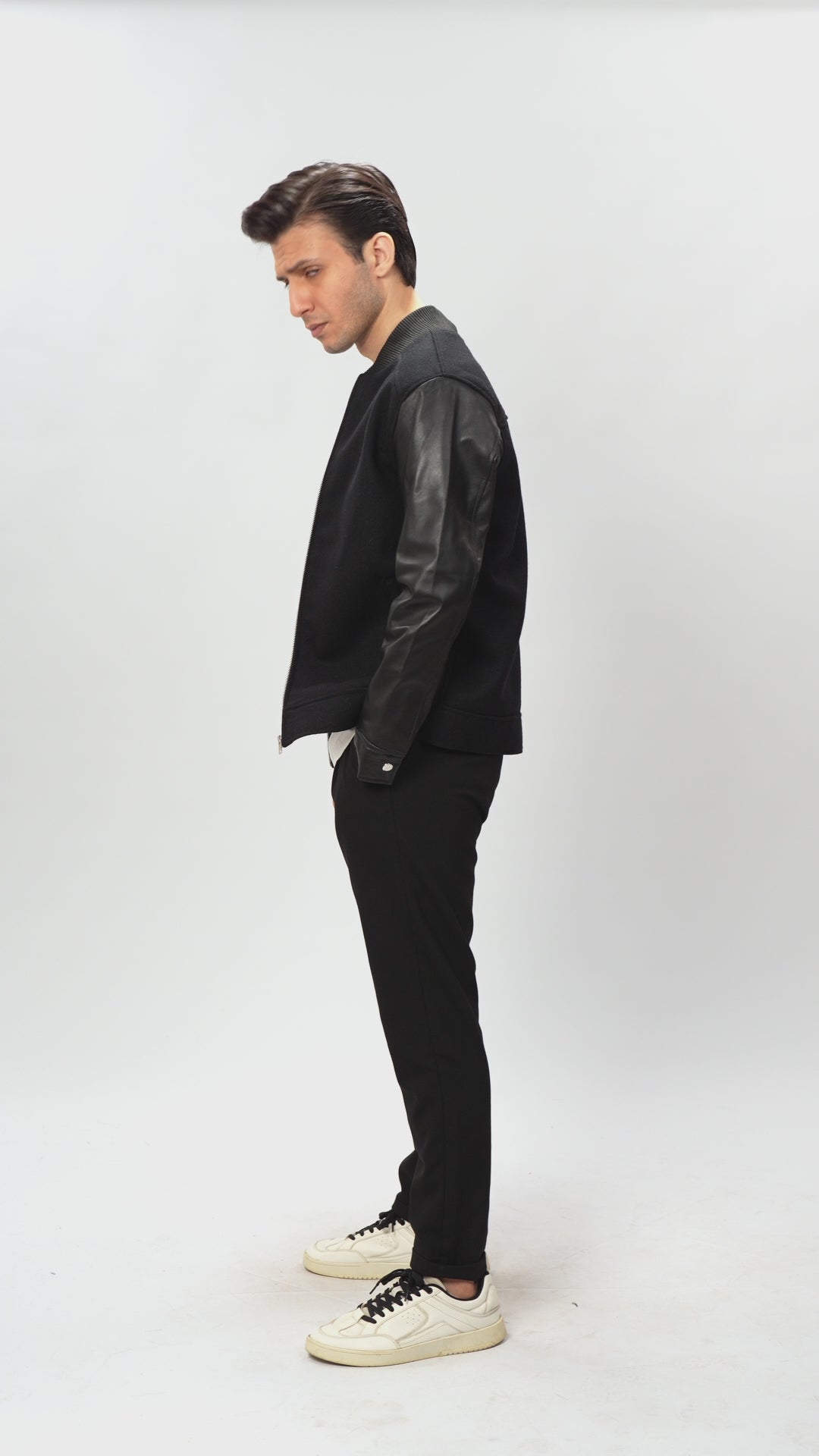 Black Wool Leather Bomber Jacket